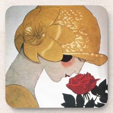 LADY WITH RED ROSE BEVERAGE COASTER