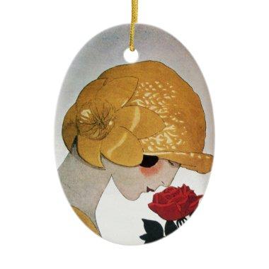 LADY WITH RED ROSE CERAMIC ORNAMENT