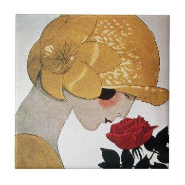 LADY WITH RED ROSE CERAMIC TILE
