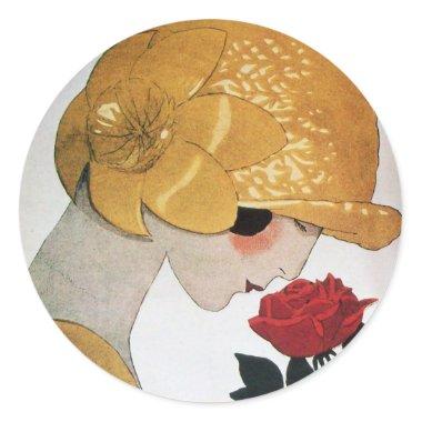 LADY WITH RED ROSE CLASSIC ROUND STICKER