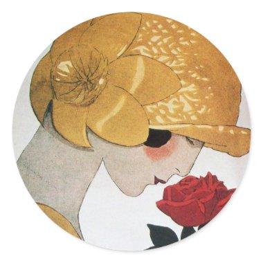 LADY WITH RED ROSE CLASSIC ROUND STICKER