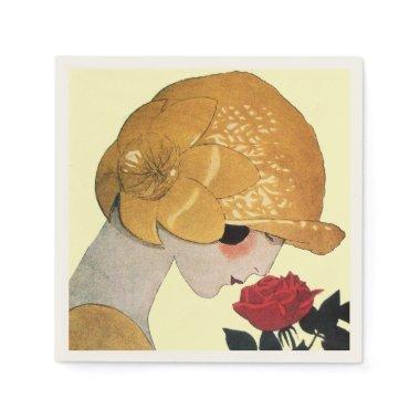 LADY WITH RED ROSE ,Cream Napkins