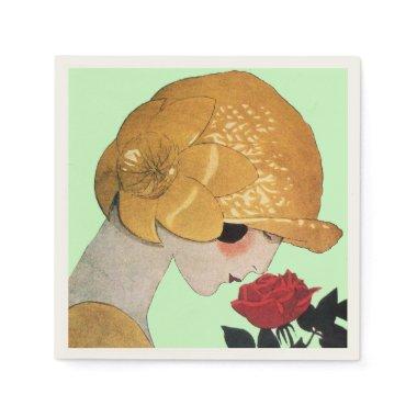 LADY WITH RED ROSE ,Green Paper Napkins