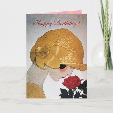 LADY WITH RED ROSE Happy Birthday Invitations