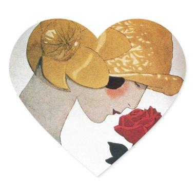 LADY WITH RED ROSE HEART HEART STICKER