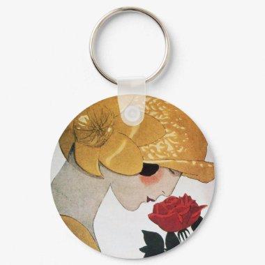 LADY WITH RED ROSE KEYCHAIN