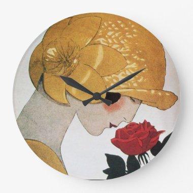LADY WITH RED ROSE LARGE CLOCK