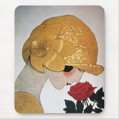 LADY WITH RED ROSE MOUSE PAD