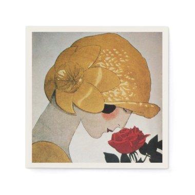 LADY WITH RED ROSE NAPKINS