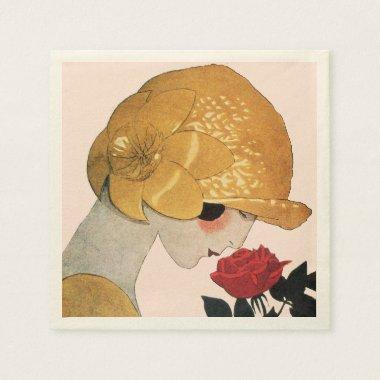 LADY WITH RED ROSE ,Pink Paper Napkins