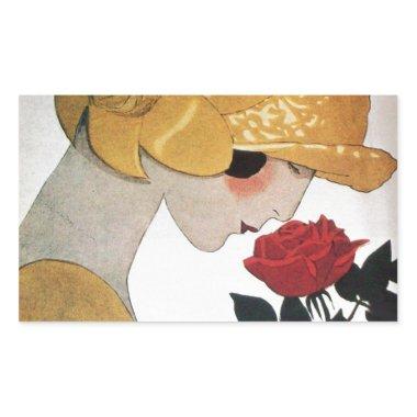 LADY WITH RED ROSE RECTANGULAR STICKER