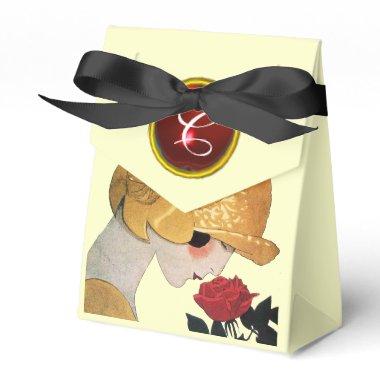 LADY WITH RED ROSE RUBY GEM STONE MONOGRAM ,Cream Favor Boxes