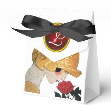 LADY WITH RED ROSE RUBY GEM STONE MONOGRAM FAVOR BOXES
