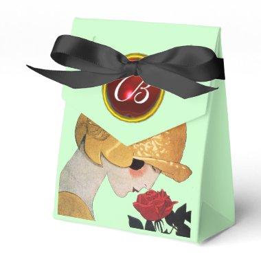 LADY WITH RED ROSE RUBY GEM STONE MONOGRAM ,Green Favor Boxes