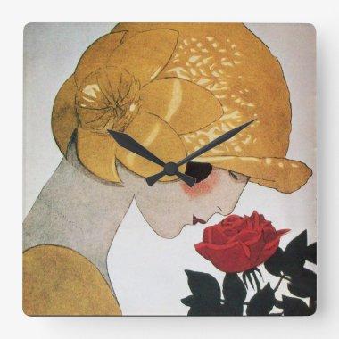 LADY WITH RED ROSE SQUARE WALL CLOCK