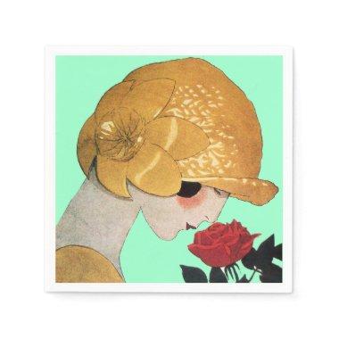 LADY WITH RED ROSE ,Teal Turquoise Paper Napkins