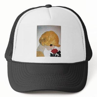 LADY WITH RED ROSE TRUCKER HAT