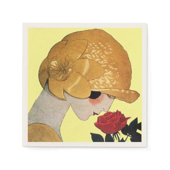 LADY WITH RED ROSE ,Yellow Paper Napkins