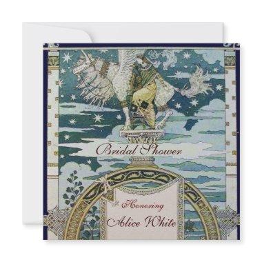 LADY WITH UNICORN BRIDAL SHOWER PARTY Blue White Invitations