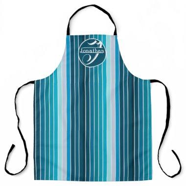 Lake Blue Stripes Navy, Sky Blue, Aqua Monogrammed Apron