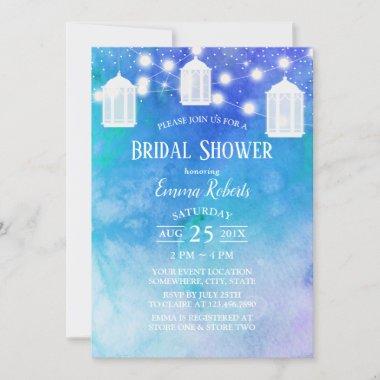Lantern & String Lights Watercolor Bridal Shower Invitations