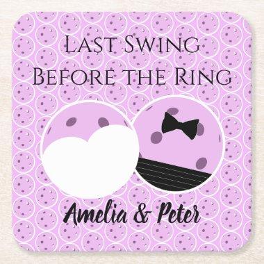 Last Swing Before the Ring Pre-Wedding Pickleball Square Paper Coaster