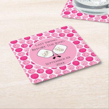 Last Swing Before the Ring Wedding Pickleball Pink Square Paper Coaster