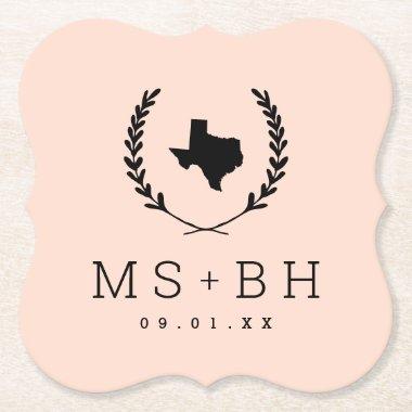 Laurel Crest Texas Wedding Monogram | Blush Paper Coaster