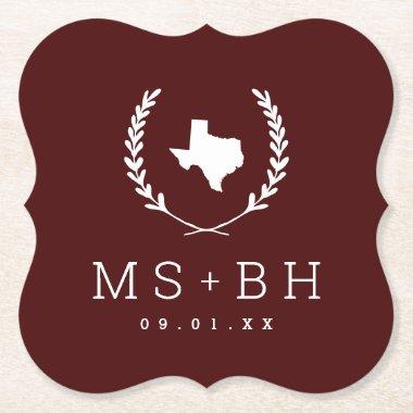 Laurel Crest Texas Wedding Monogram | Burgundy Paper Coaster