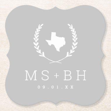 Laurel Crest Texas Wedding Monogram | Gray Paper Coaster