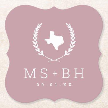 Laurel Crest Texas Wedding Monogram | Mauve Paper Coaster