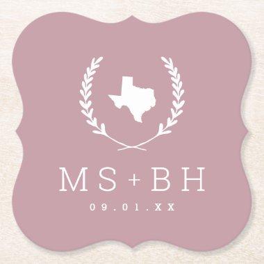Laurel Crest Texas Wedding Monogram | Mauve Paper Coaster