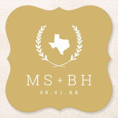 Laurel Crest Texas Wedding Monogram | Mustard Paper Coaster