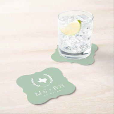 Laurel Crest Texas Wedding Monogram | Sage Paper Coaster