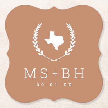 Laurel Crest Texas Wedding Monogram | Terra Cotta Paper Coaster