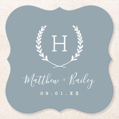 Laurel Crest Wedding Monogram | Dusty Blue Paper Coaster