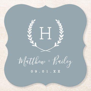 Laurel Crest Wedding Monogram | Dusty Blue Paper Coaster