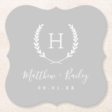 Laurel Crest Wedding Monogram | Gray Paper Coaster