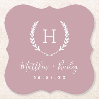 Laurel Crest Wedding Monogram | Mauve Paper Coaster