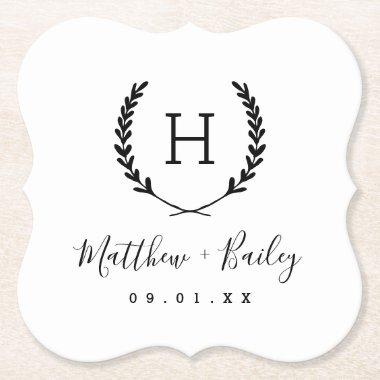 Laurel Crest Wedding Monogram Paper Coaster