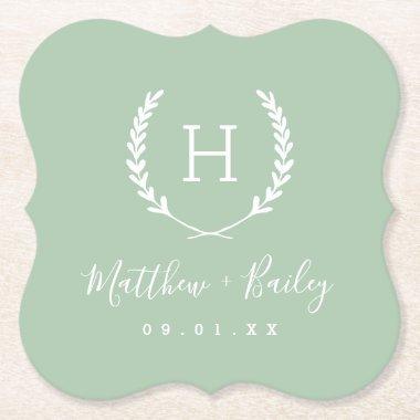 Laurel Crest Wedding Monogram | Sage Paper Coaster