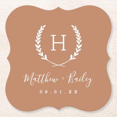 Laurel Crest Wedding Monogram | Terra Cotta Paper Coaster