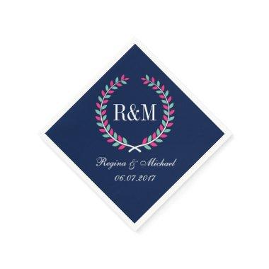 Laurel Wreath Monogram Wedding Napkin Navy Blue