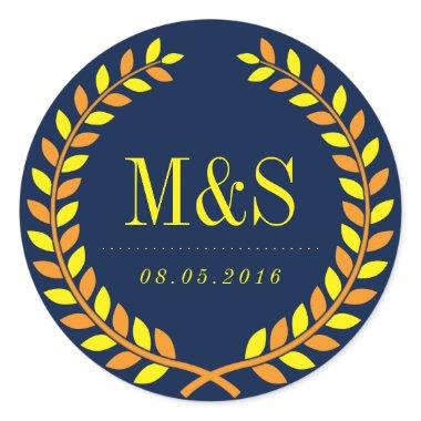 Laurel Wreath Wedding Sticker Navy Blue and Yellow