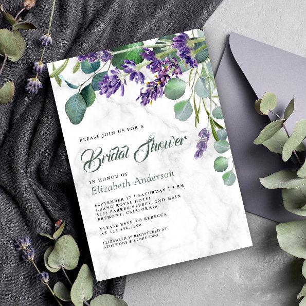 Lavender and Eucalyptus White Marble Bridal Shower Invitations