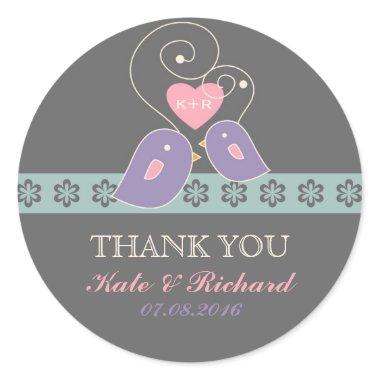 Lavender and Grey Love Birds Wedding Sticker