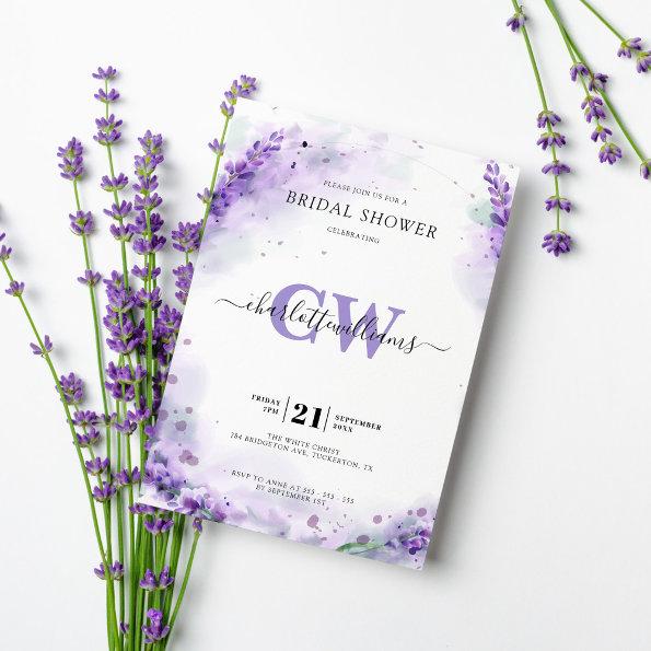 Lavender Elegant Watercolor Monogram Bridal Shower Invitations