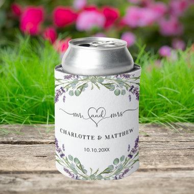 Lavender eucalyptus greenery mr mrs heart wedding can cooler