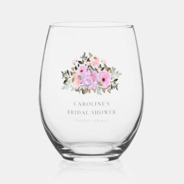 Lavender Floral Watercolor Bridal Shower Custom Stemless Wine Glass
