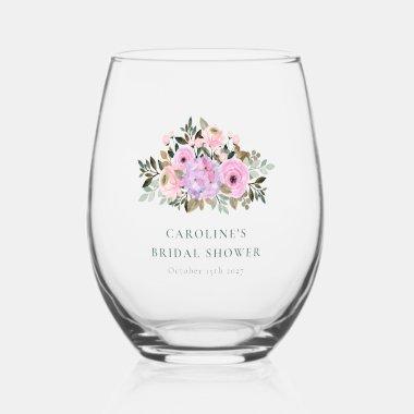 Lavender Floral Watercolor Bridal Shower Custom Stemless Wine Glass